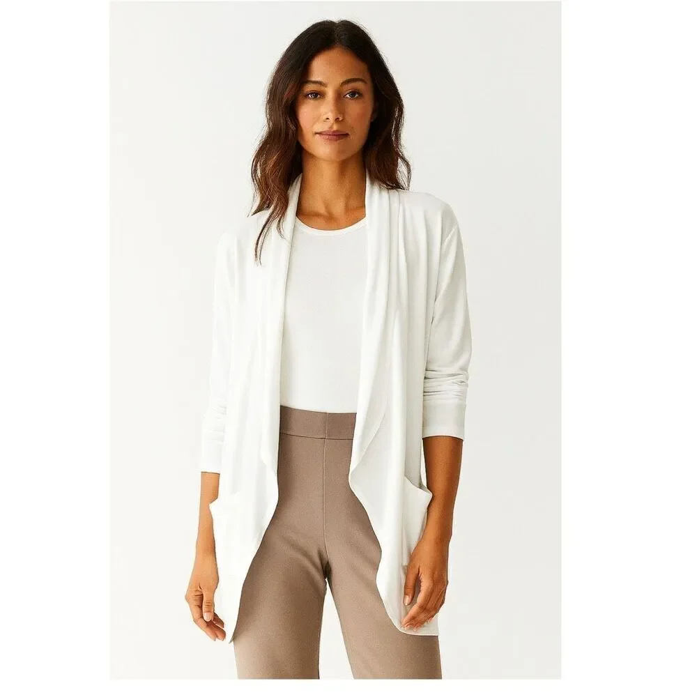 Chico’s size Med white open front cardigan .